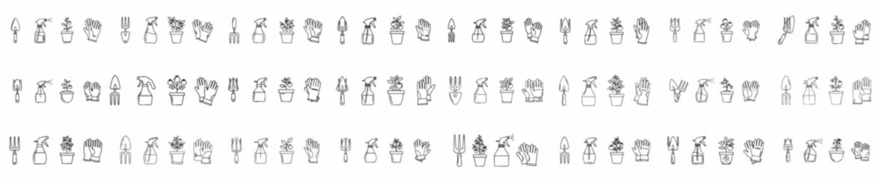 Black line art seamless pattern of gardening tools including trowel, sprayer, potted plant, and gloves, illustrating horticulture and home garden concepts.