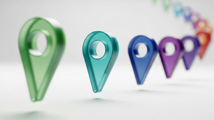 Multicolored location pins in a row on white background