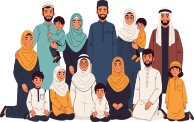 Diverse Muslim family in traditional attire posing together happily