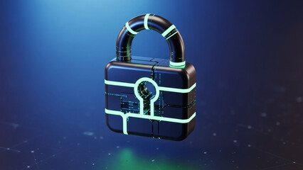 Glowing neon padlock with futuristic design on dark blue background