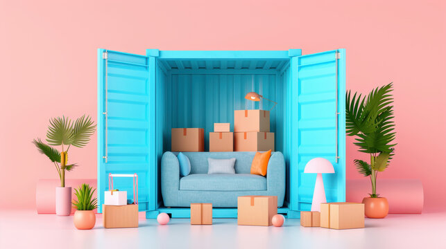 Blue shipping container with furniture and boxes inside, surrounded by plants on pink background