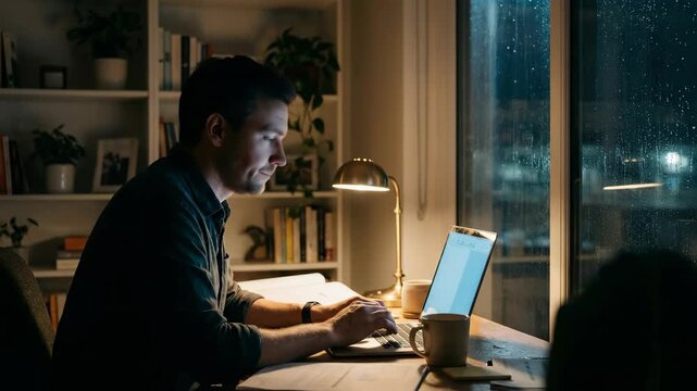 Man works late on laptop at desk with lamp, coding or studying at home office during a rainy night
