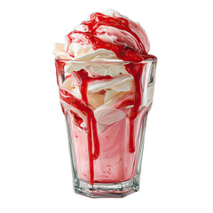 A glass filled with creamy pink dessert, topped with whipped cream, sliced fruit and red syrup