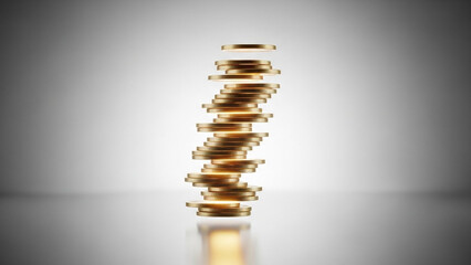 Stack of gold coins floating in air, symbolizing wealth and finance