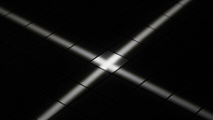 Dramatic light beams crossing on dark tiled floor