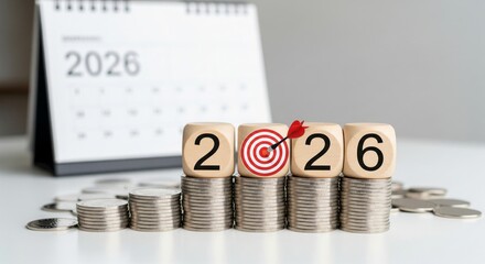 2026 Financial Goal Concept with Stacks of Coins and Wooden Blocks with Target Icon Represents Money Savings, Business Investment Plan, and Economic Growth