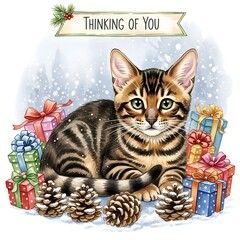Bengal cat sitting among Christmas presents and pine cones in winter  