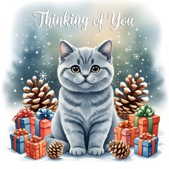 British shorthair cat sitting with Christmas gifts and pine cones in winter  