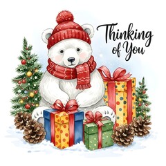 Polar bear wearing a red scarf sitting among colorful gifts 