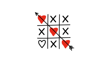 Tic Tac Toe game with hearts and arrow on white background