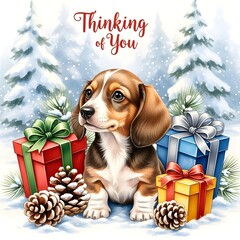 Dachshund dog sitting among gifts in winter scene  