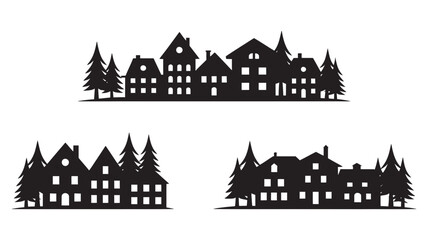 Fototapeta premium A collection of black silhouettes depicting small town or village skylines with houses and trees