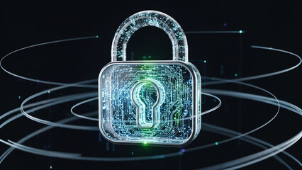 Glowing digital padlock with circuit board design on dark background