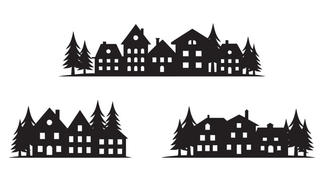 A collection of black silhouettes depicting small town or village skylines with houses and trees