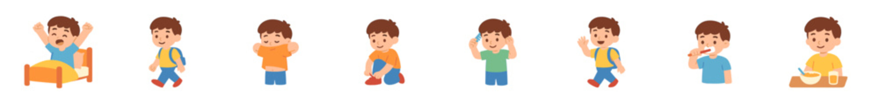 Little boy cartoon character performs various morning daily routine activities, including waking up, getting dressed, brushing teeth, and eating breakfast before school.