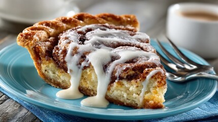 Delicious slice of cinnamon roll pie with icing on blue plate