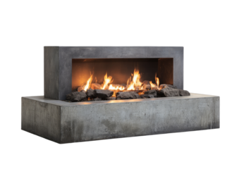 Modern concrete fireplace with glowing flames and decorative stones