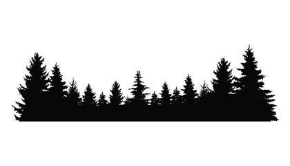Fir trees silhouette. Coniferous spruce horizontal background pattern, black evergreen woods vector illustration. Beautiful hand drawn panorama of coniferous forest © designer_things