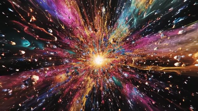 Cosmic explosion showcasing vibrant colors and swirling particles in deep space