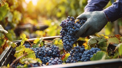 Vineyard Harvest: A worker tenderly harvests ripe, juicy grapes in a sun-drenched vineyard, showcasing the art of winemaking from grape to glass.