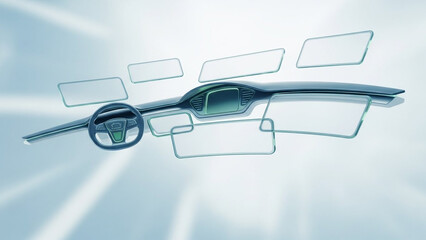 Futuristic car dashboard with holographic display and transparent screens