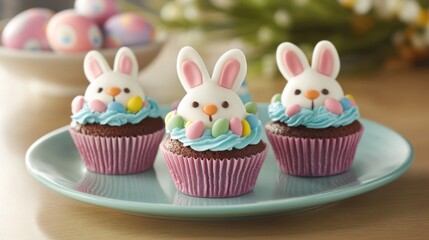 Easter Cupcakes Cute easter bunny cupcakes with pastel decorations for festive celebration