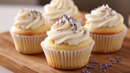 Delicious vanilla cupcakes with lavender topping on wooden board for dessert presentation