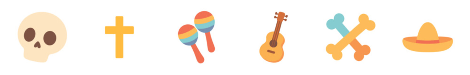 Fototapeta premium Day of the Dead celebration icons and traditional objects are displayed in a vibrant flat design style, representing Mexican culture and festivities.