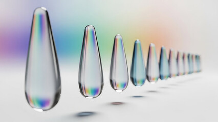Iridescent teardrop shapes in a row with rainbow colors