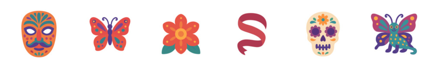 Colorful Mexican cultural elements and traditional festive decorations, including masks, skulls, and butterflies, for a vibrant celebration.