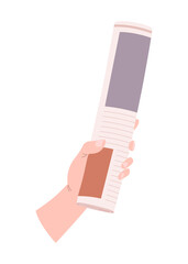 Cartoon newspaper in hand. Morning press and news journals folded and opened, business man hand with paper journal, daily news concept. Vector illustration