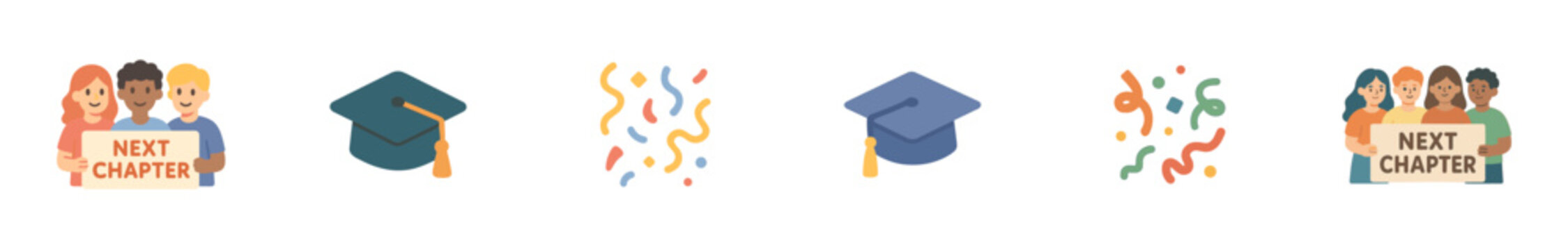 Graduation and next chapter themed icons representing education, celebration, and future opportunities for young people starting new journeys.