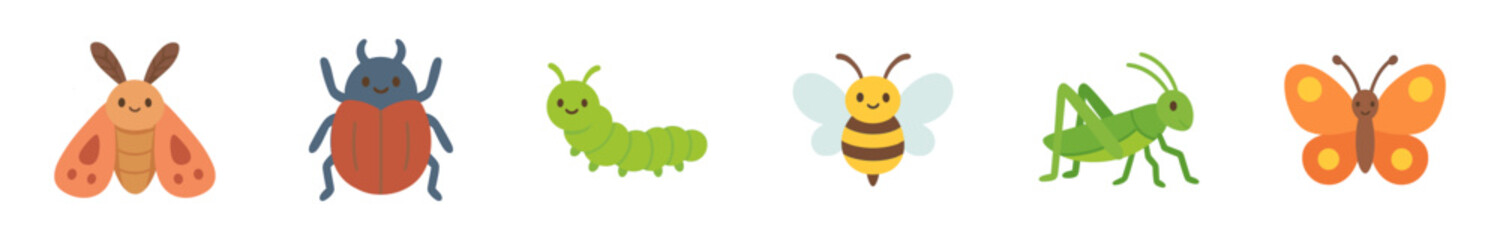 Cute cartoon insects and bugs with friendly smiling faces are arranged in a row, showcasing a delightful collection of various garden creatures.