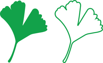 Fototapeta premium Green ginkgo biloba leaf icons set in flat and outline styles. Vectors graphic illustration depicting nature herbal medicine health Wellness botanical foliage elements collection minimalist designs.