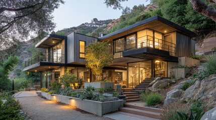 Modern hillside home illuminated at dusk in lush greenery