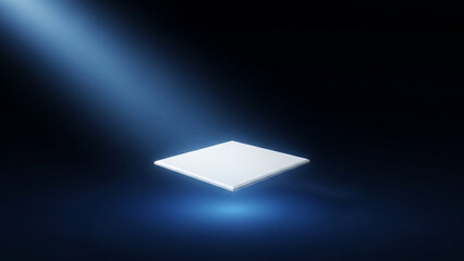 Glowing white square illuminated by spotlight on dark background