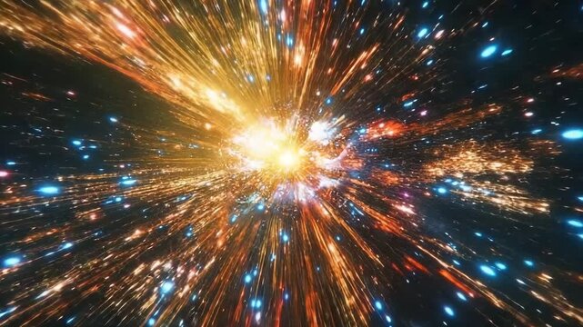 Cosmic explosion showcasing vibrant colors and swirling particles in deep space
