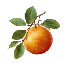 A single ripe orange with green leaves on a thin branch