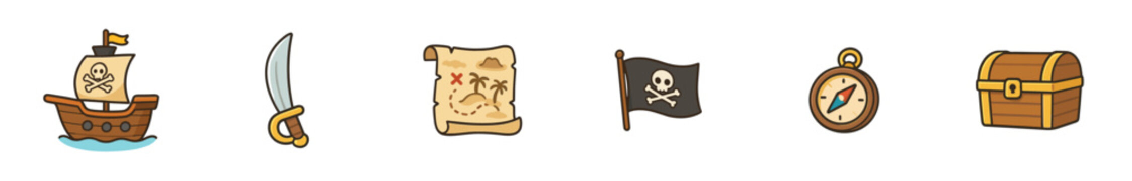 Pirate adventure elements collection featuring a ship, map, flag, sword, compass, and treasure chest for exploration and discovery.