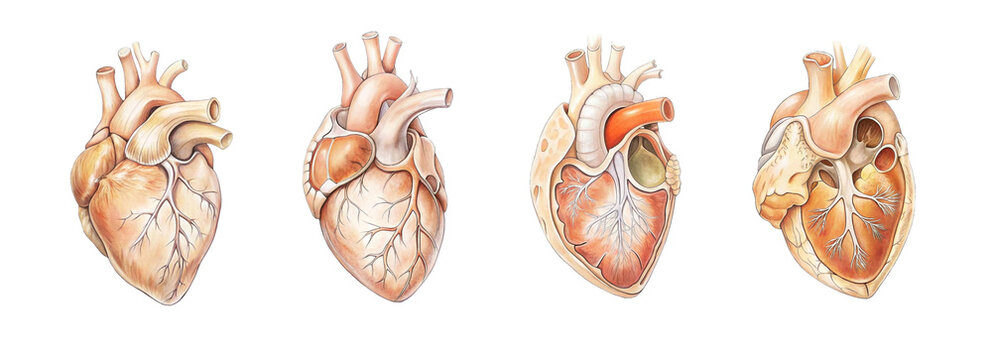 Anatomical human heart set, external and internal view, drawing in natural colors, isolated on transparent background
