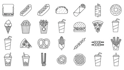 Collection of line art icons featuring popular fast food items like burgers pizza pretzels and various snacks