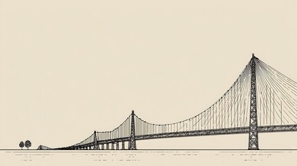 Obraz premium Awesome photo of vintage style architectural sketch of a long suspension bridge over water.