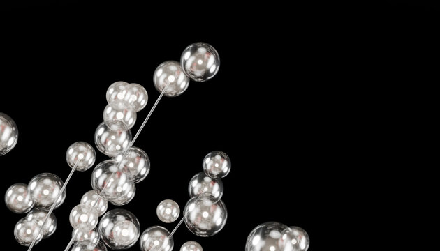 Abstract cluster of glass spheres on black background with reflective surfaces