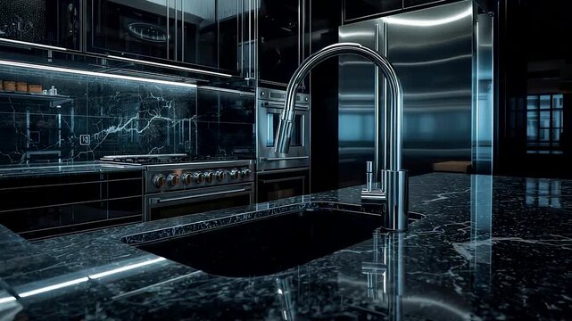 Luxury modern kitchen interior with dark marble countertops and stainless steel sink, sleek residential design showcasing elegance and precision
