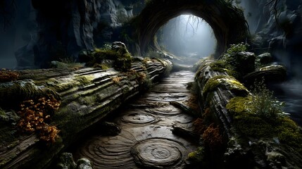 Misty grotto log bridge nature scene