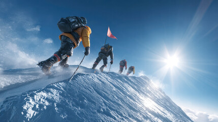 Climbers ascend mountain peak under bright sun with clear blue sky in the afternoon hours