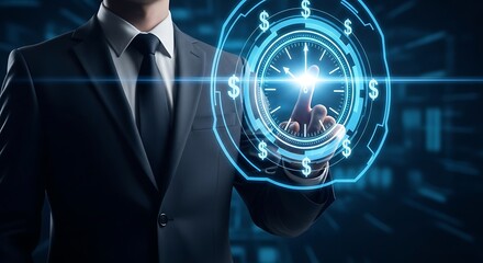 Businessman Touching Futuristic Financial Technology Interface with Dollar Signs.