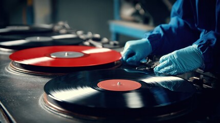 Naklejka premium Worker placing digital audio masters into the vinyl press illustrating the transformation from digital files to tangible music records of varied styles.