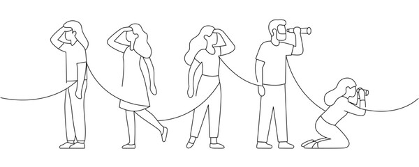 People looking ahead in different poses. Simple line art for teamwork, search, and vision themes