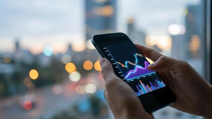 Woman viewing dynamic financial market data on a smartphone with glowing graph, analyzing digital stock trade or crypto investment outdoors - Powered by Adobe